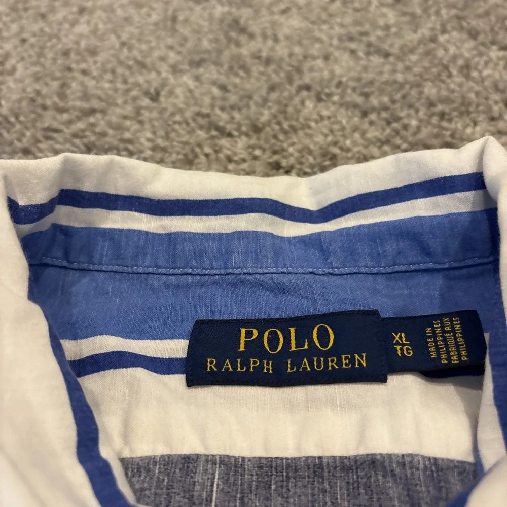 Polo Ralph Lauren Shirt XL Blue Stripe Short Sleeve Button Up Linen Loop Collar